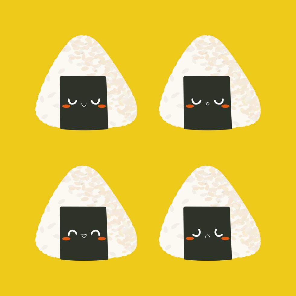 ilustração vetorial de quatro personagens onigiri isolada em fundo amarelo vetor