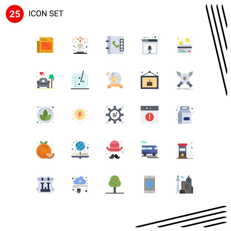 conjunto moderno de pictograma de 25 cores planas de elementos de design de vetor editável de podcast de cartão de telefone de crédito de sofá