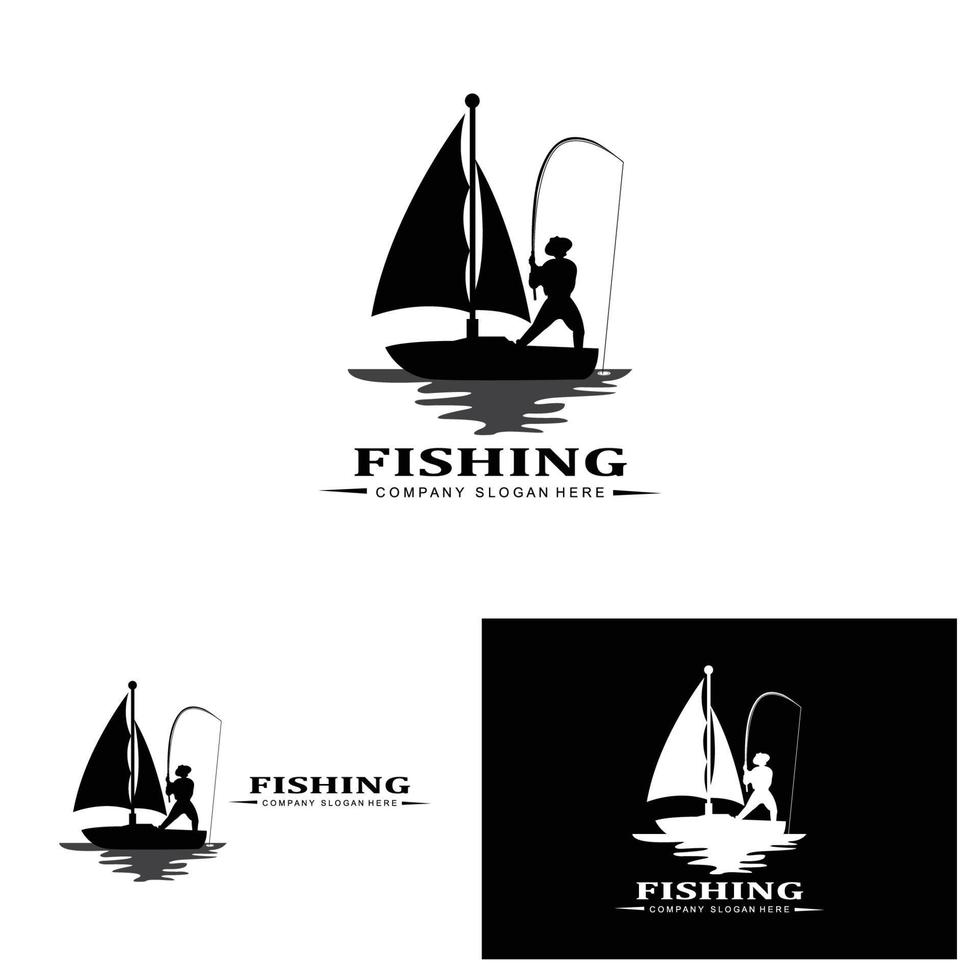 vetor de ícone de logotipo de pesca, pegar peixes no barco, design de silhueta do pôr do sol ao ar livre