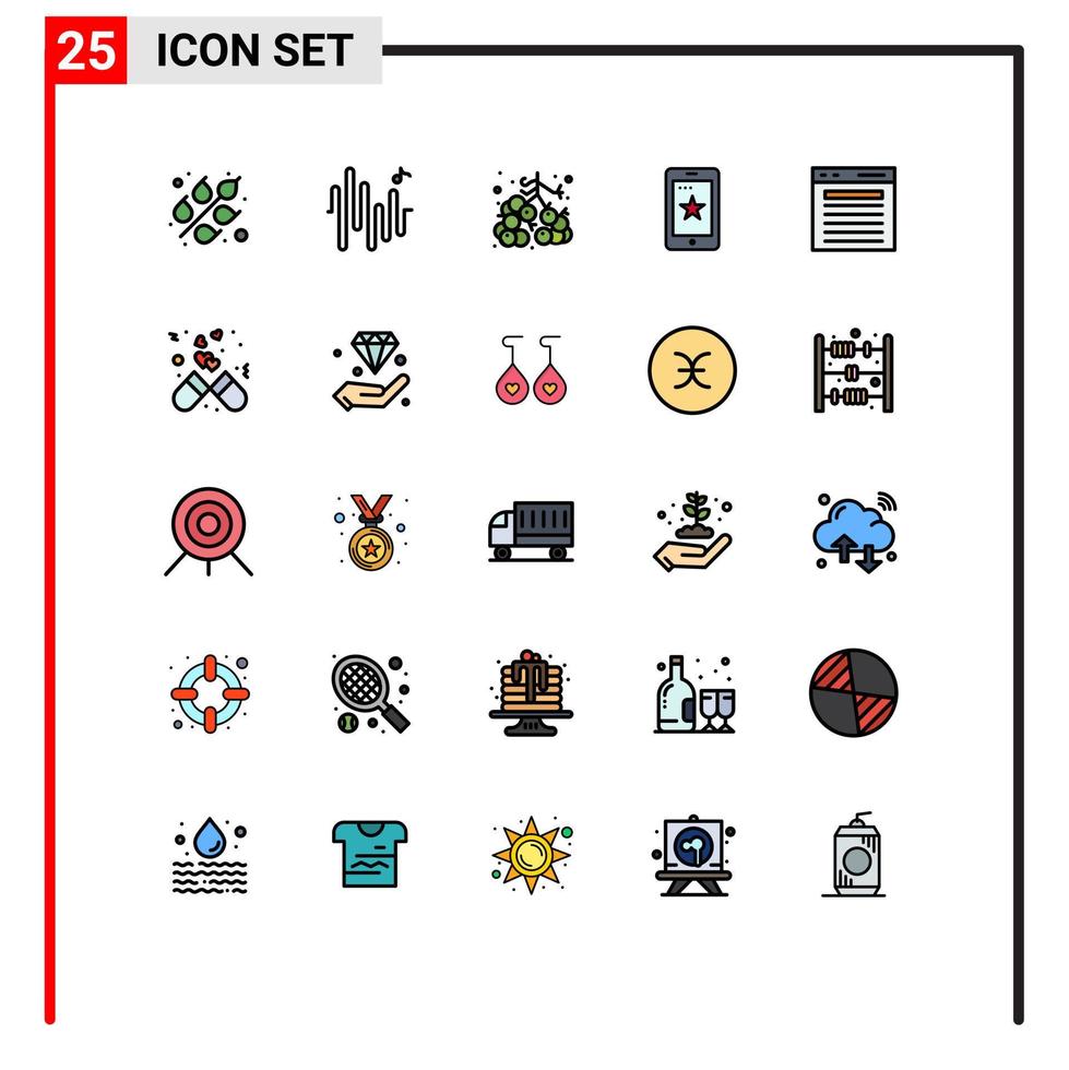 conjunto de cores planas de linha preenchida de interface móvel de 25 pictogramas de pesquisa encontrar verão adicionar elementos de design de vetores editáveis de célula