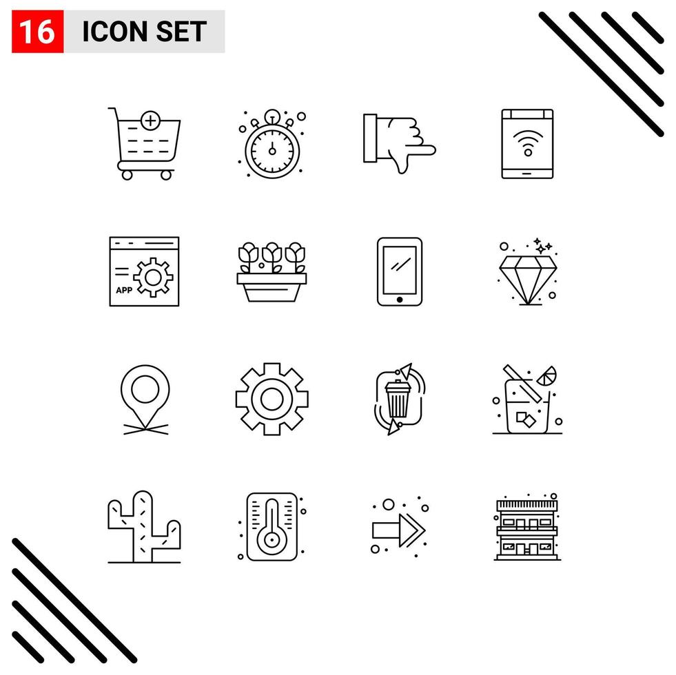 conjunto de 16 sinais de símbolos de ícones de interface do usuário modernos para desenvolver elementos de design de vetores editáveis de rede de smartphone