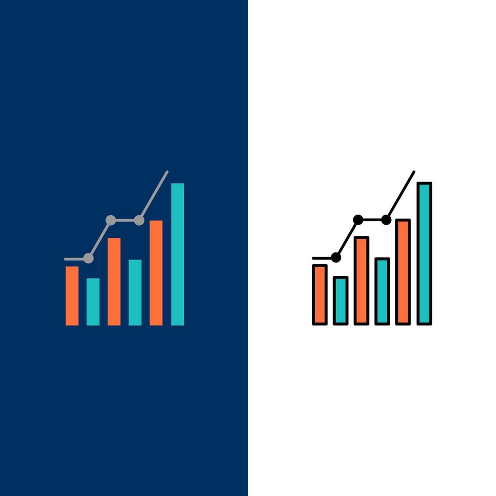 análise de gráfico diagrama de negócios estatísticas de marketing ícones de tendências plano e conjunto de ícones cheios de linha vetor fundo azul