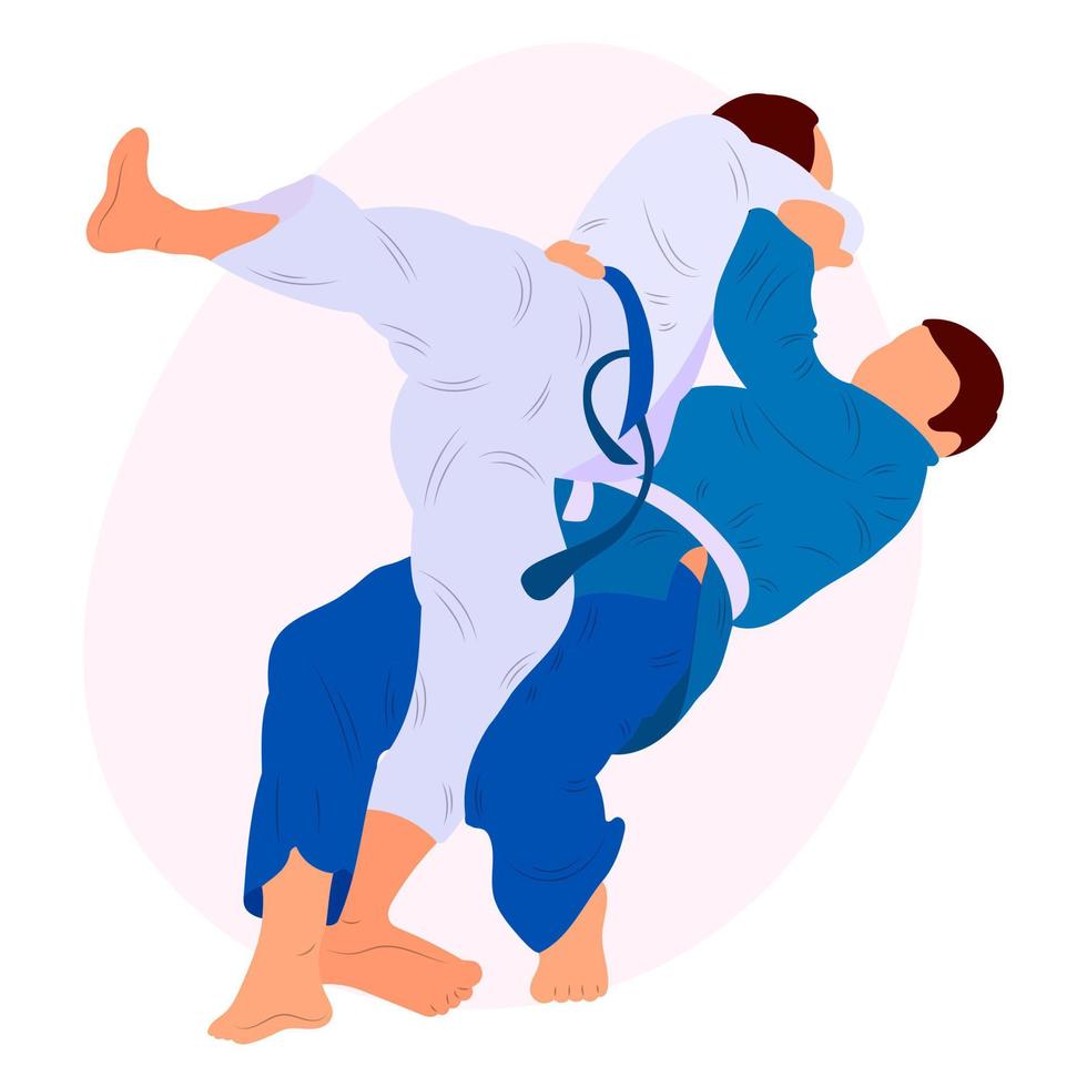 atleta judoca, judoca, lutador em duelo, luta, partida. esporte de judô, arte marcial. estilo plano. vetor