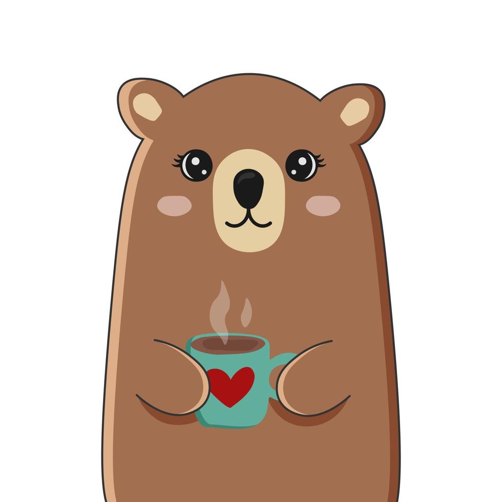 urso fofo segurando a xícara com chocolate quente. animal engraçado isolado no fundo branco. vetor