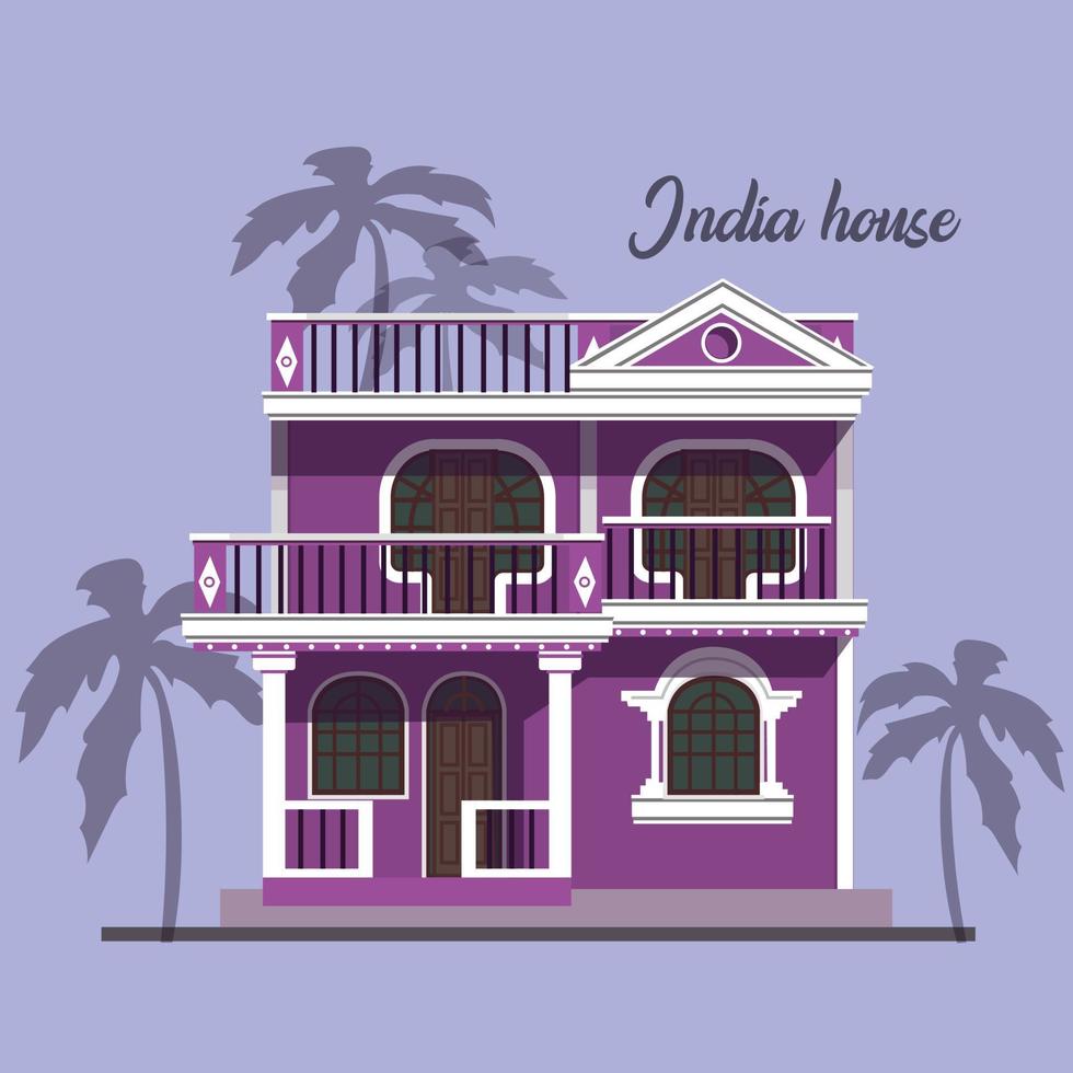 casa com ilustração em vetor plana palmeira Índia. uma casa com vários andares na índia em um fundo neutro com palmeiras.