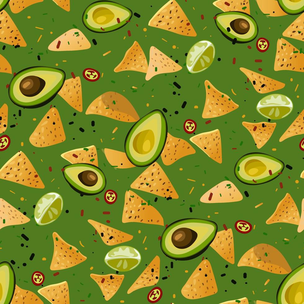 comida mexicana com especiarias. um padrão de molho de guacamole e nachos em uma mistura caindo sobre um fundo verde. adequado para impressão em têxteis e papel. banner, flyer, embalagem vetor