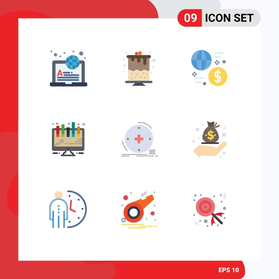 conjunto de cores planas de interface móvel de 9 pictogramas de análise de apresentação de troca clínica de saúde elementos de design de vetores editáveis