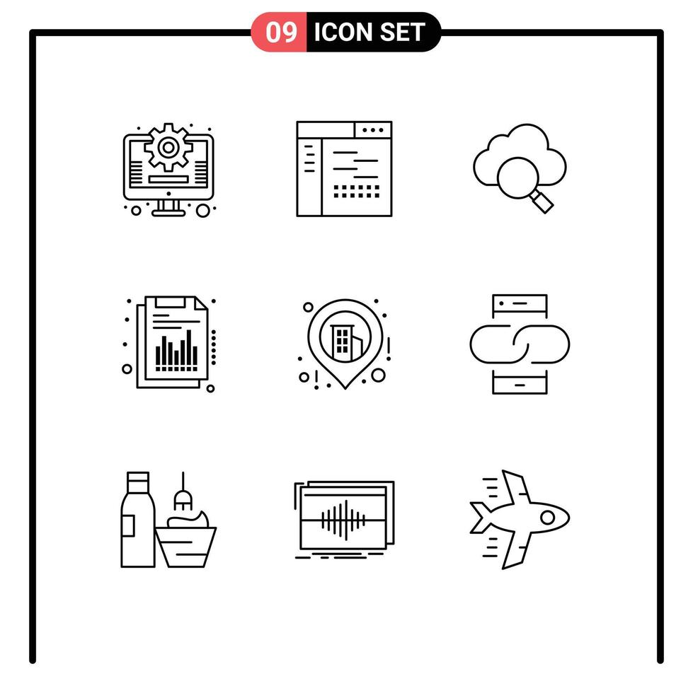 pacote de 9 sinais e símbolos de contornos modernos para mídia impressa na web, como mapa de nuvem de negócios, relatório financeiro, elementos de design de vetores editáveis