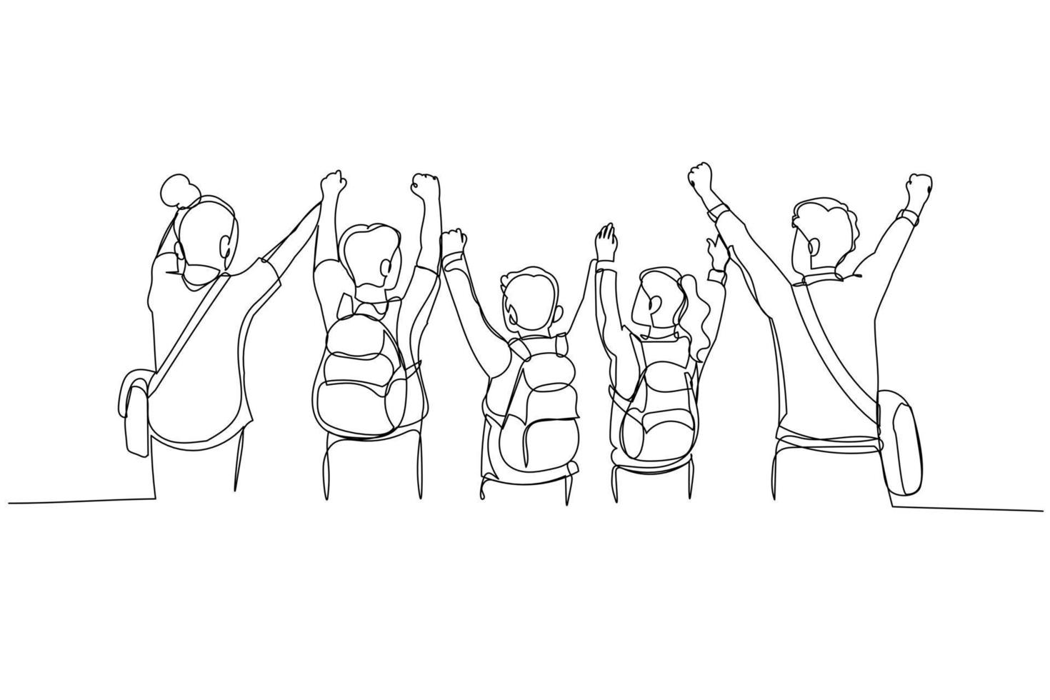 desenho de grupo de amigos segurando a mão juntos levantando no ar comemorando. arte de linha contínua vetor