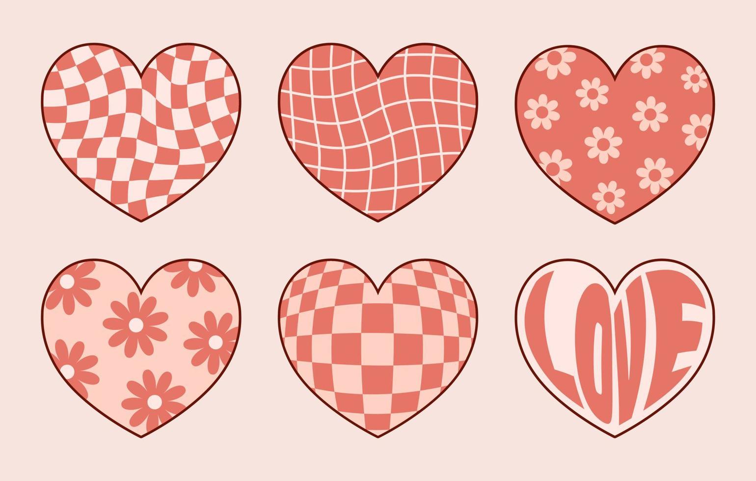 conjunto de adesivos de coração romântico hippie retrô. elementos de design descolados para o dia dos namorados. vetor