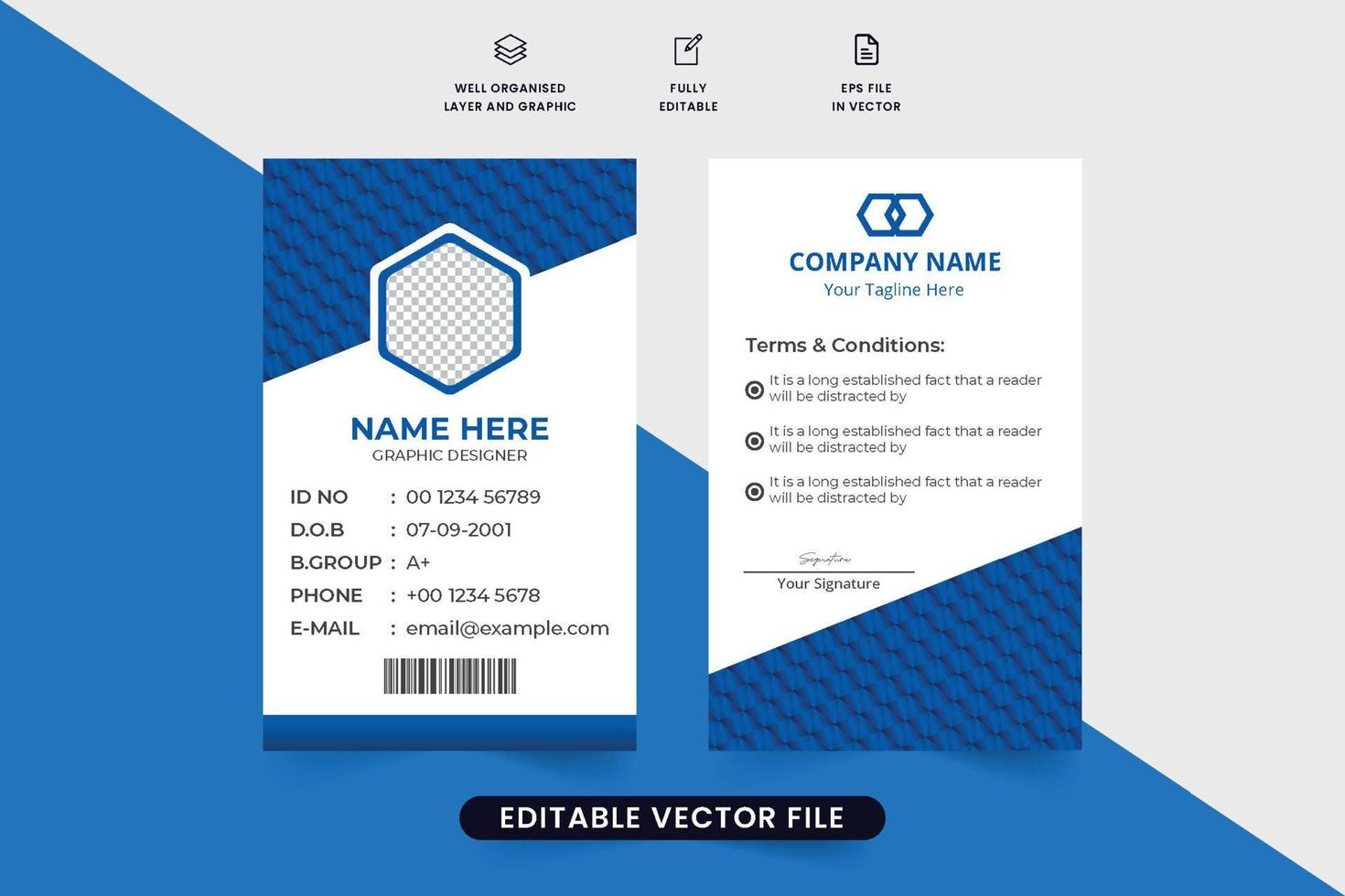 design de vetor de cartão de identidade de negócios corporativos com formas geométricas e um espaço reservado para foto. design de cartão de identificação minimalista com cor azul escuro. vetor de carteira de identidade profissional para escola ou escritório.