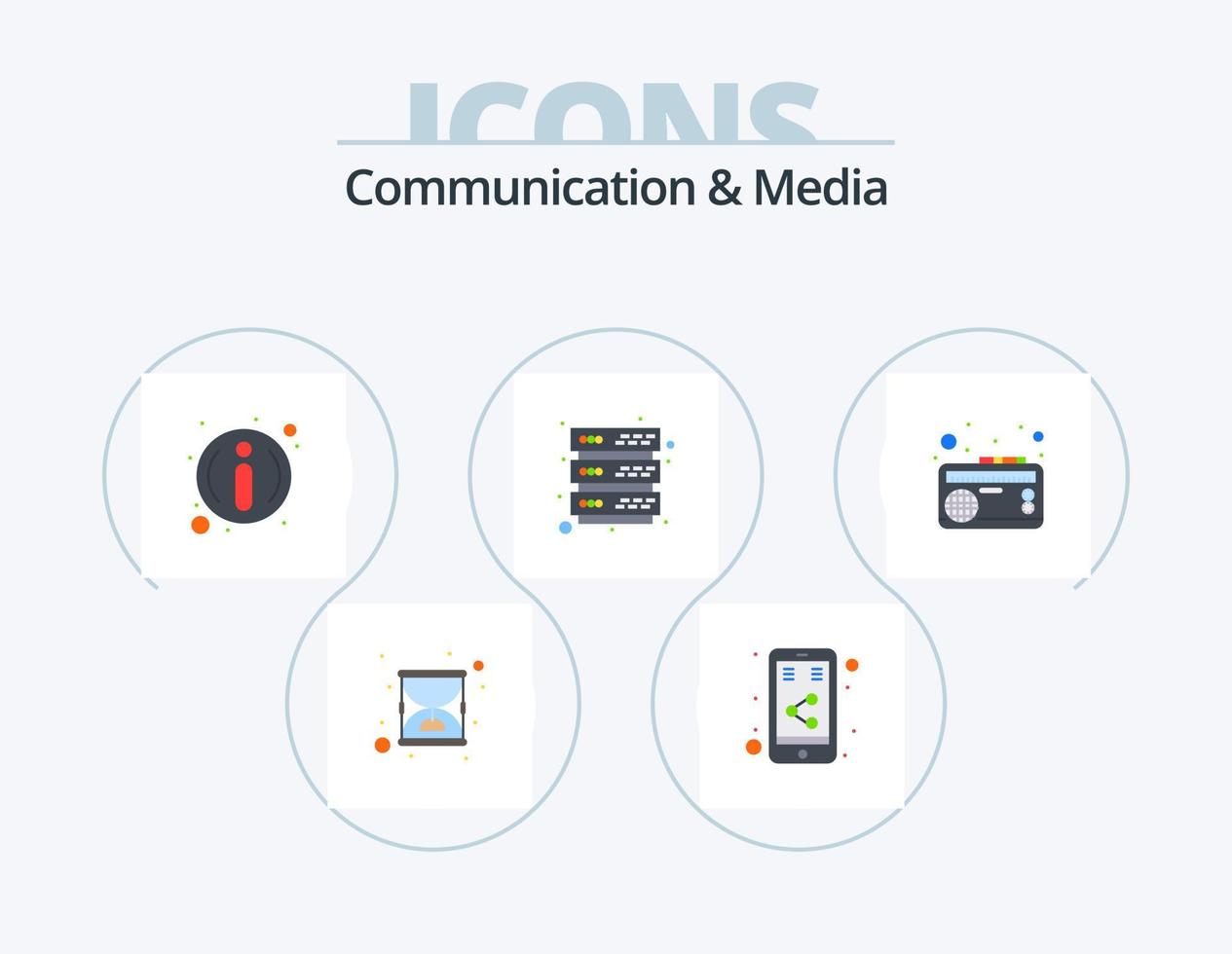 comunicação e mídia plano ícone pack 5 design de ícone. música. rádio. Perguntas frequentes. frequência. servidor vetor
