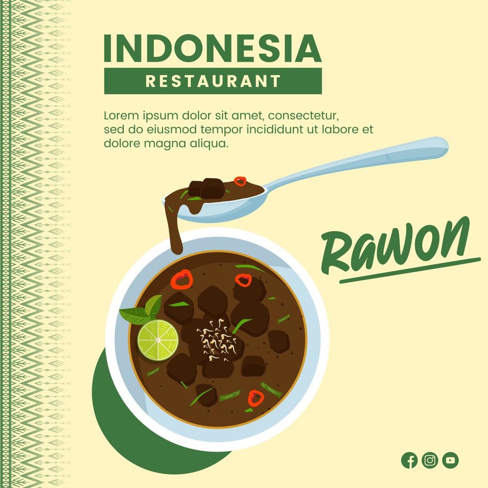 design de ilustração de comida asiática de rawon comida indonésia para modelo de mídia social de apresentação vetor