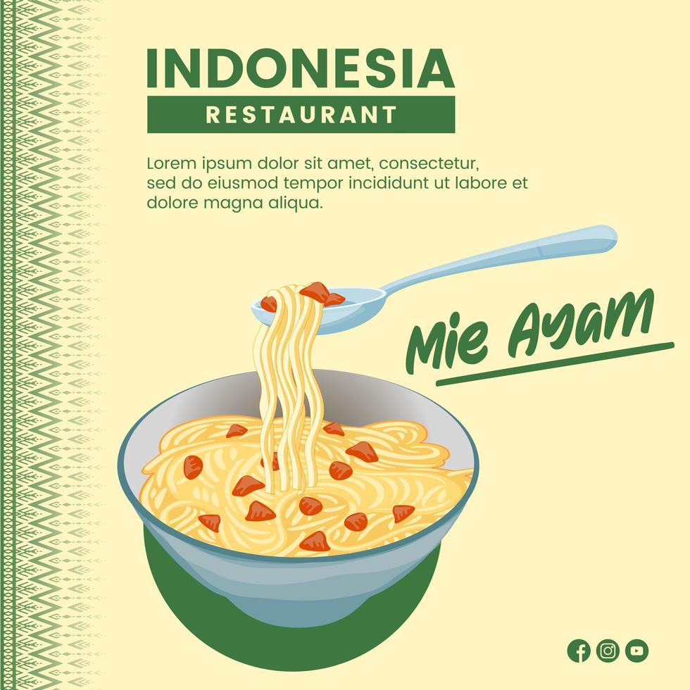 design de ilustração de comida asiática de macarrão mie ayam comida indonésia para modelo de mídia social de apresentação vetor