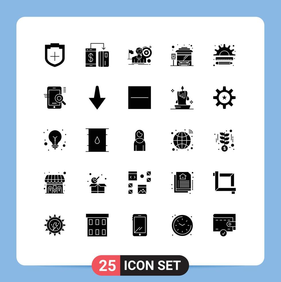 25 conceito de glifo sólido para sites móveis e aplicativos, parada de negócios, smartphone, mercado de ônibus, elementos de design vetorial editáveis vetor