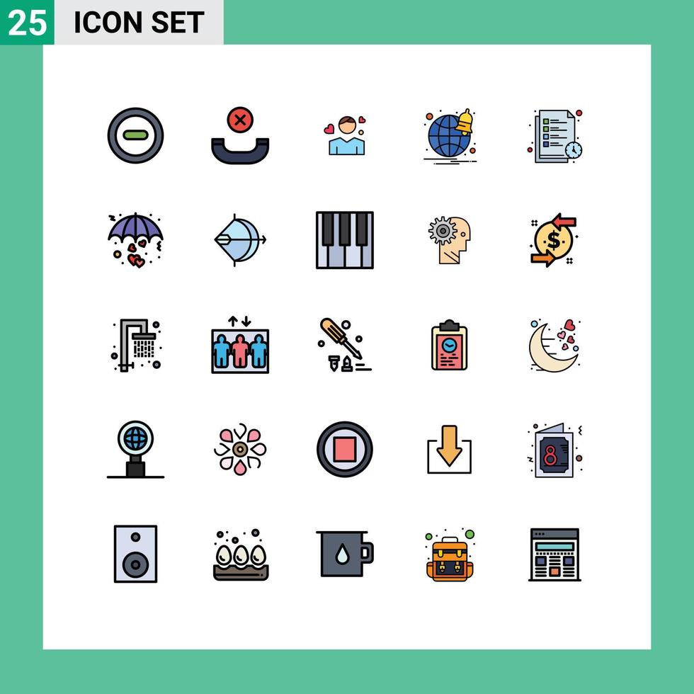 pacote de interface de usuário de 25 cores planas de linha preenchida básica de tempo de estudo de lista avatar tempo de leitura notificação de elementos de design de vetores editáveis