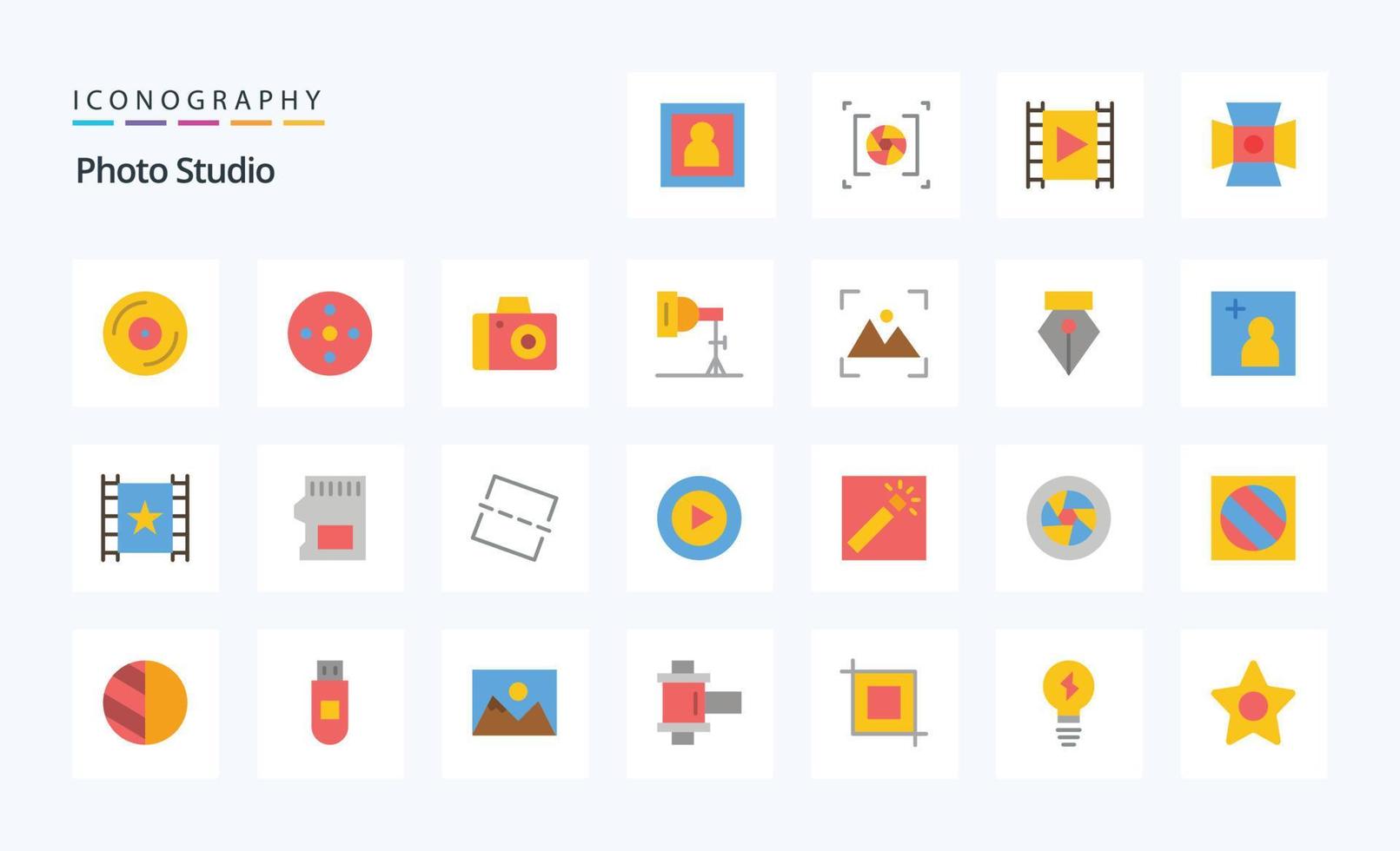 pacote de ícones de cores planas de 25 estúdios fotográficos vetor