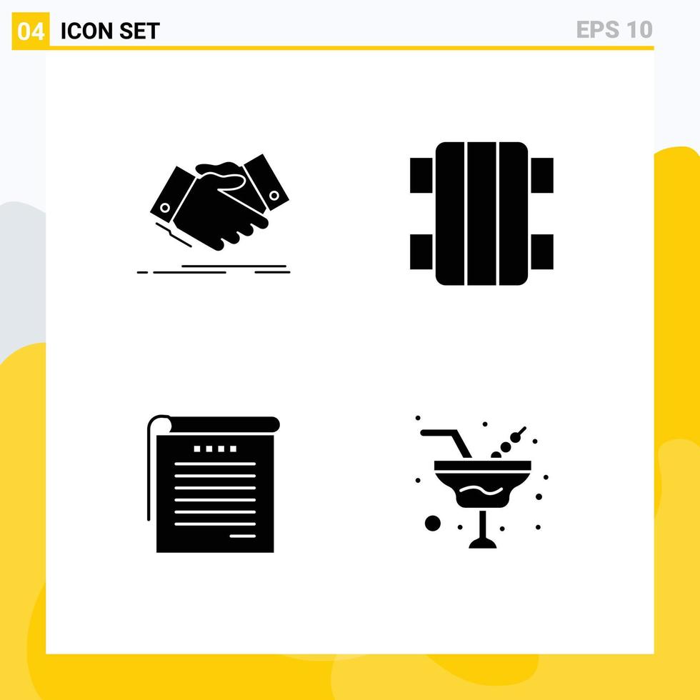 conjunto de glifos sólidos de interface móvel de 4 pictogramas de aperto de mão acordo estudantil livros de jogos editáveis elementos de design vetorial vetor