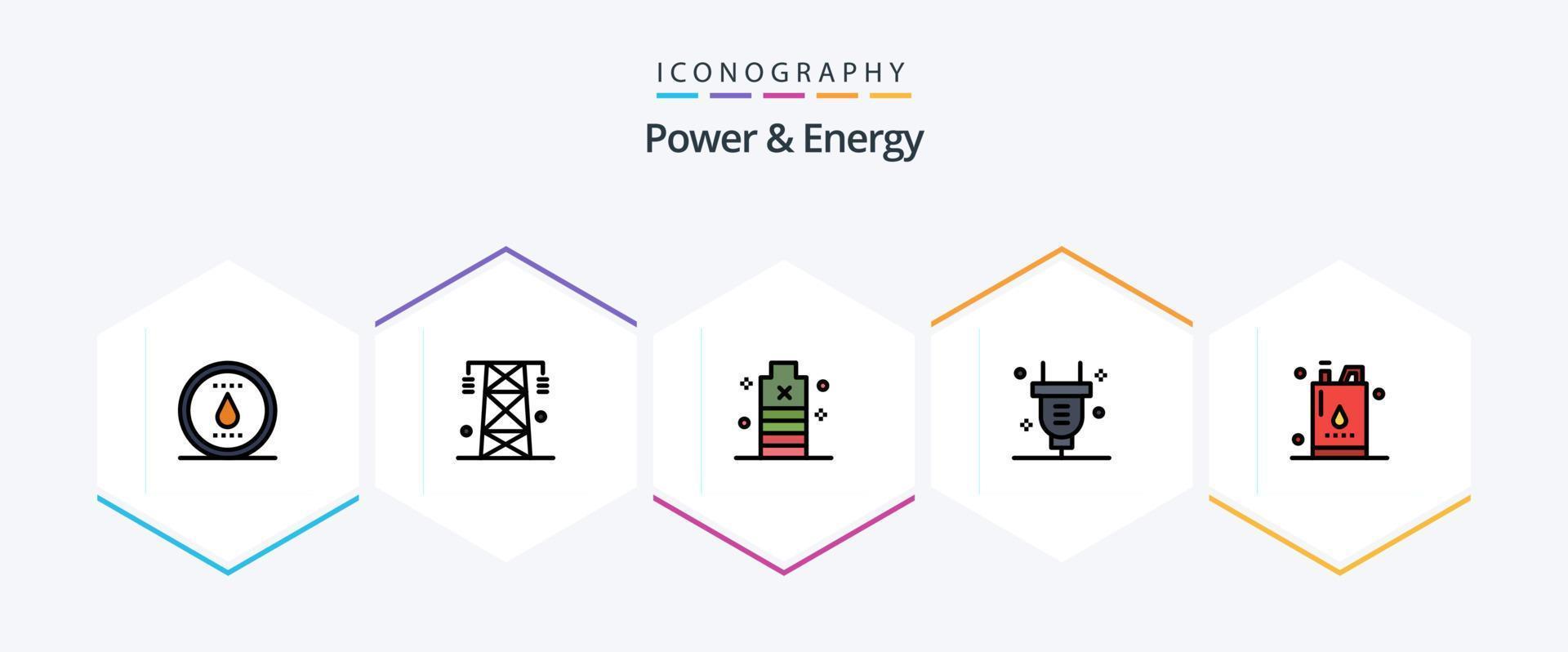 poder e energia 25 pacote de ícones de linha preenchida, incluindo eletricidade. potência. torre. plugue. baixo vetor