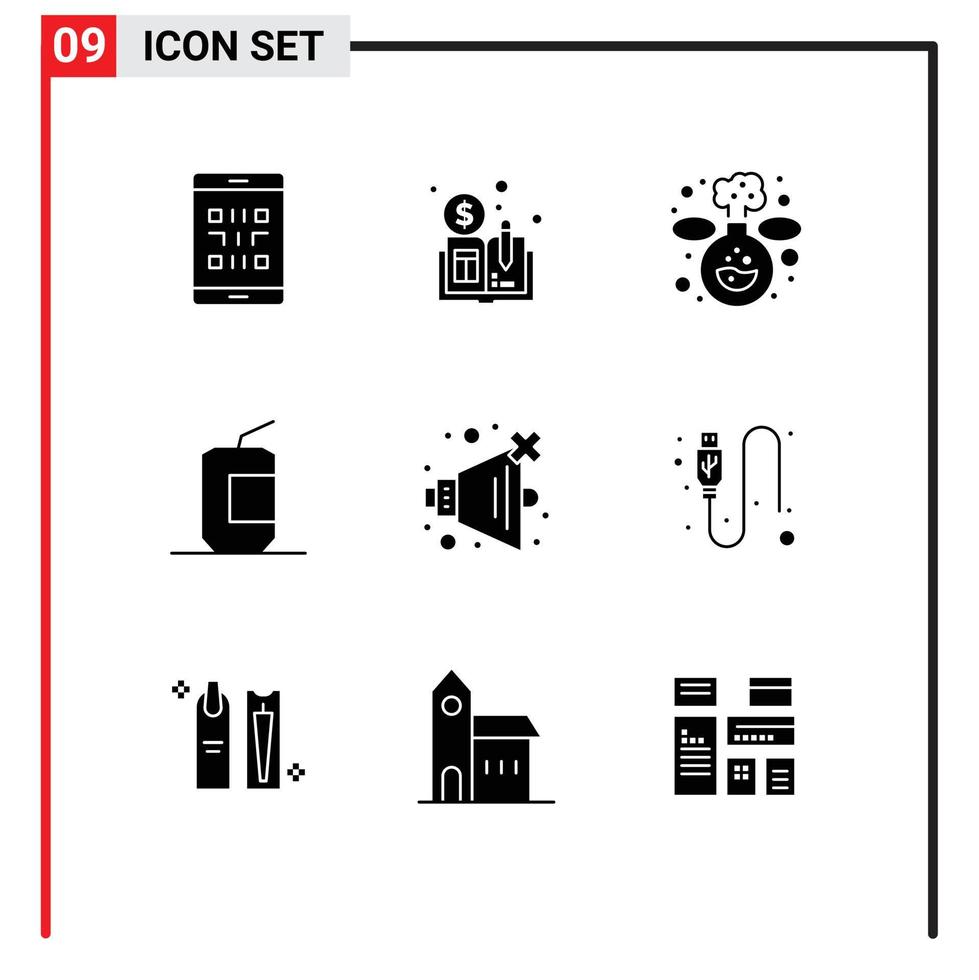 pacote de 9 glifos sólidos criativos de elementos de design de vetores editáveis de química de alimentos rápidos cola