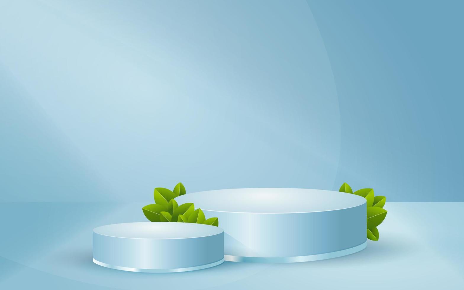 pódio redondo azul pastel de cena 3d abstrata com fundo de folhas para apresentação de maquete de produtos cosméticos vetor