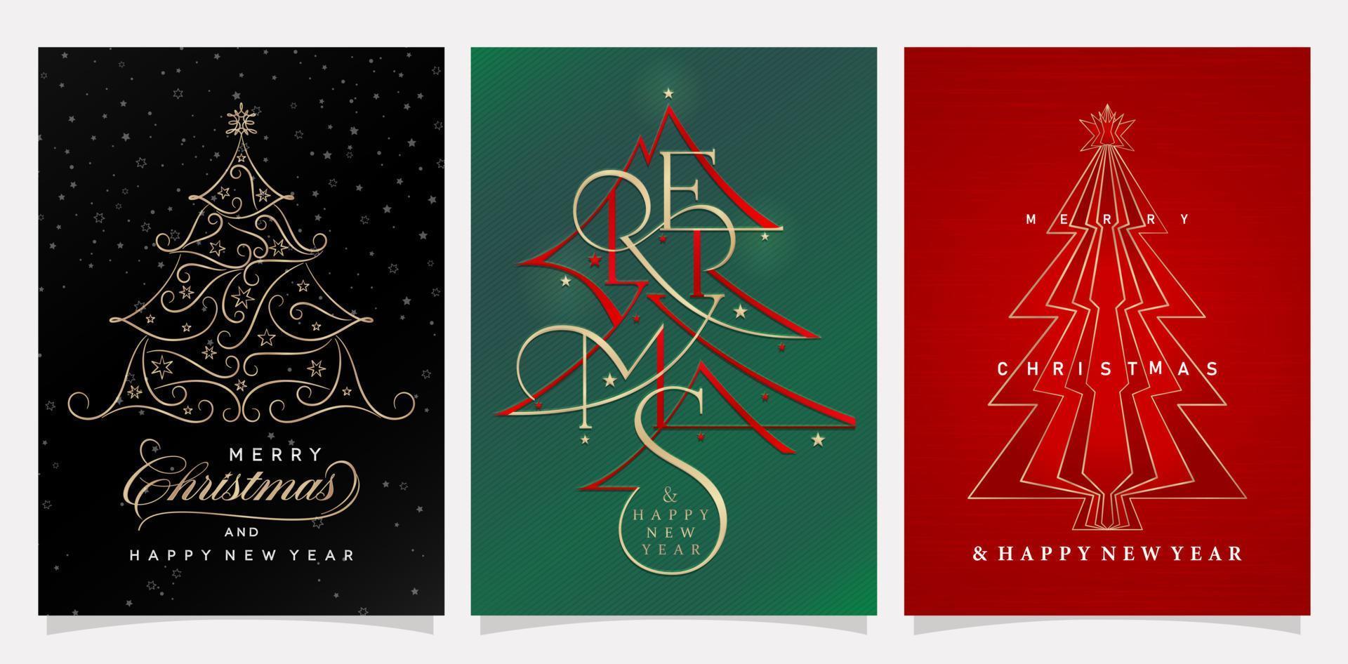 ilustração de cartão de natal com conjunto de design de vetores de árvore de natal. feliz natal e feliz ano novo cartão, feliz natal tipografia para cartão, banner, flyer, cartaz, folha de tipografia