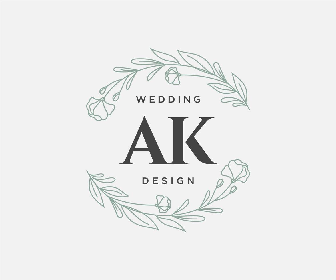 coleção de logotipos de monograma de casamento de carta inicial ak, modelos modernos minimalistas e florais desenhados à mão para cartões de convite, salve a data, identidade elegante para restaurante, boutique, café em vetor