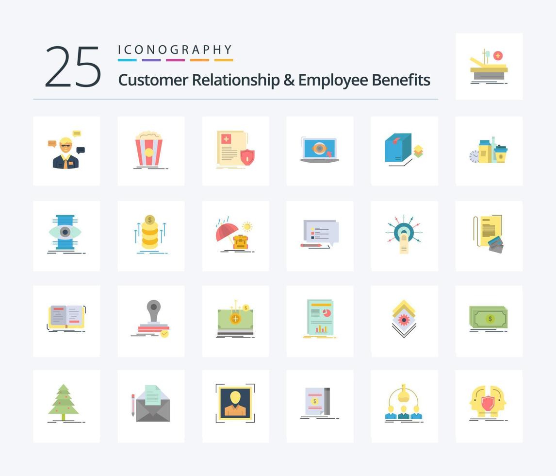 relacionamento com o cliente e benefícios dos funcionários Pacote de ícones de 25 cores planas, incluindo apresentação. monitor. lanche. computador portátil. médico vetor