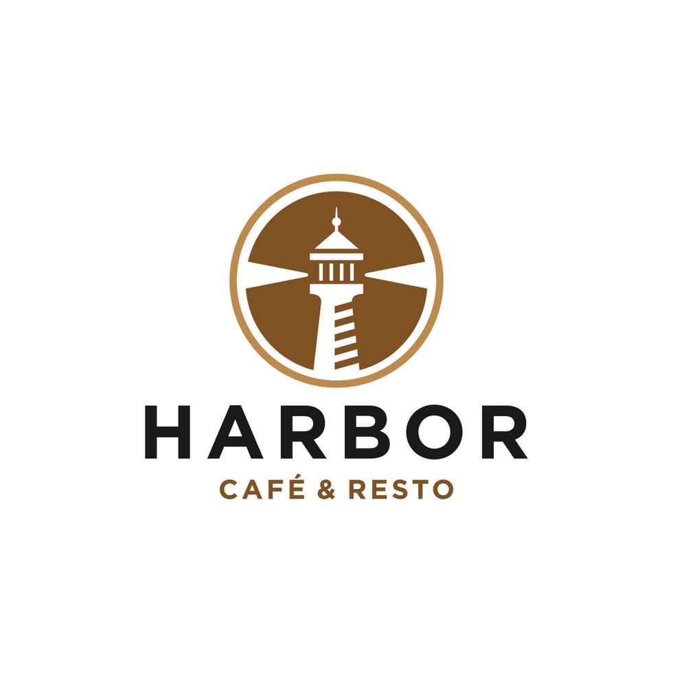 design do logotipo do porto de holofote de farol no estilo de ícone de linha linear da moda para uma empresa de café e restaurante vetor