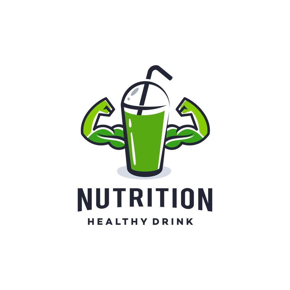 logotipo de suco saudável, bebida energética com copo, palha e rótulo de ícone de músculo forte, mascote de ilustração de logotipo de bebida de dieta de proteína saudável vetor