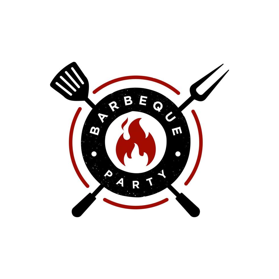 churrasqueira rústica convite para churrasco churrasco com espátula de garfo cruzado e design de logotipo de chama de fogo vetor