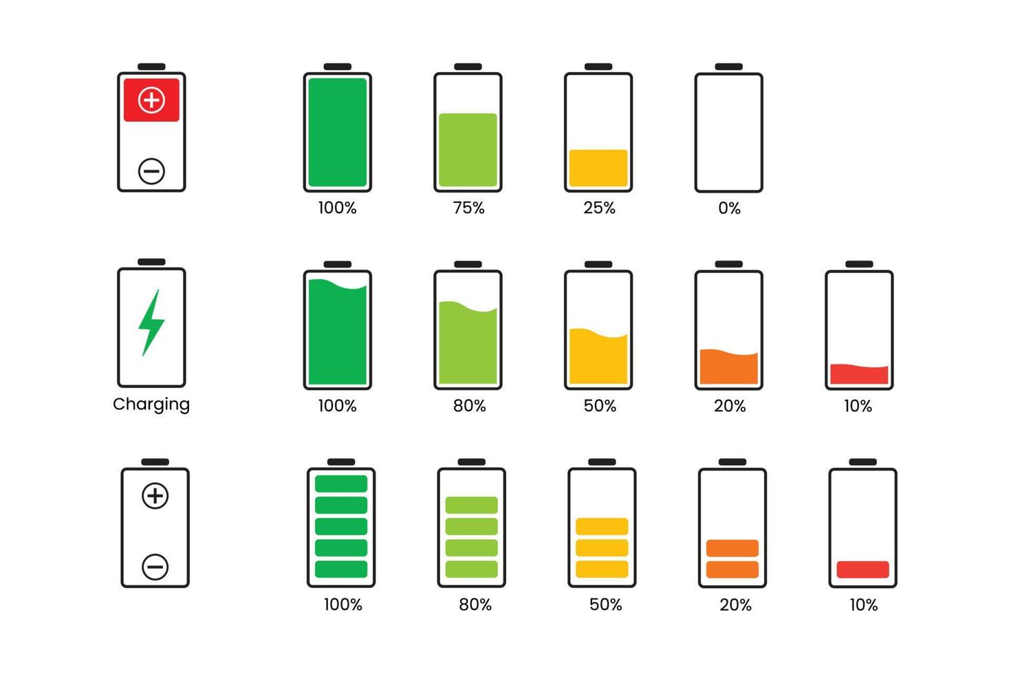 status de carga da bateria do smartphone conjunto mínimo de ícones vetor premium