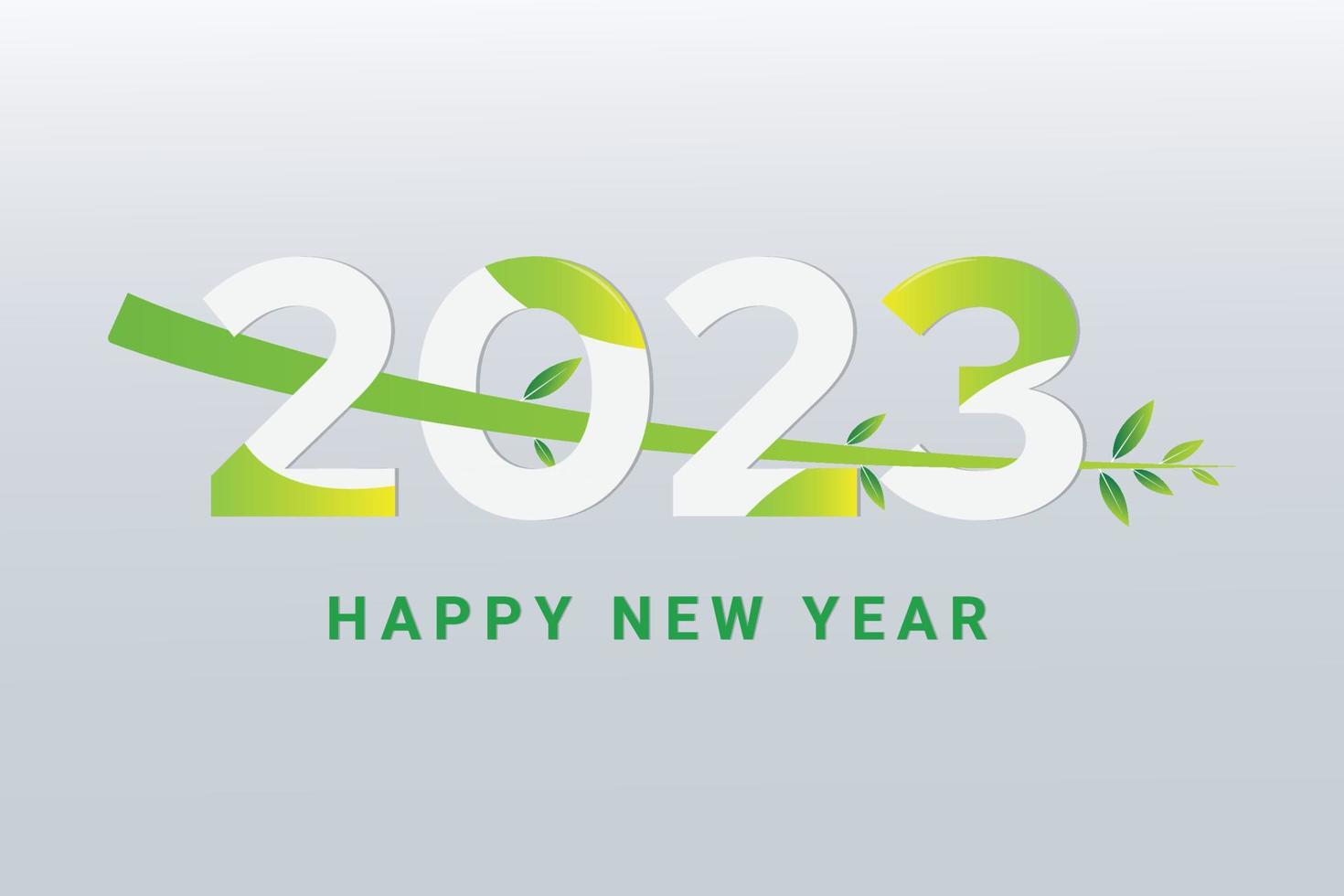 feliz ano novo 2023 com banner de folhas verdes naturais e design de logotipo. vetor