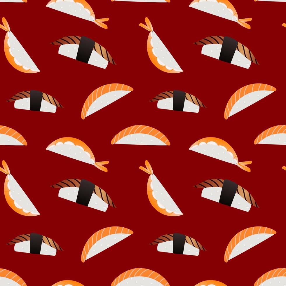 sushi no padrão sem emenda de fundo vermelho. design de comida japonesa e asiática para moda, tecido, têxtil, papel de parede, capa. ilustração vetorial. vetor