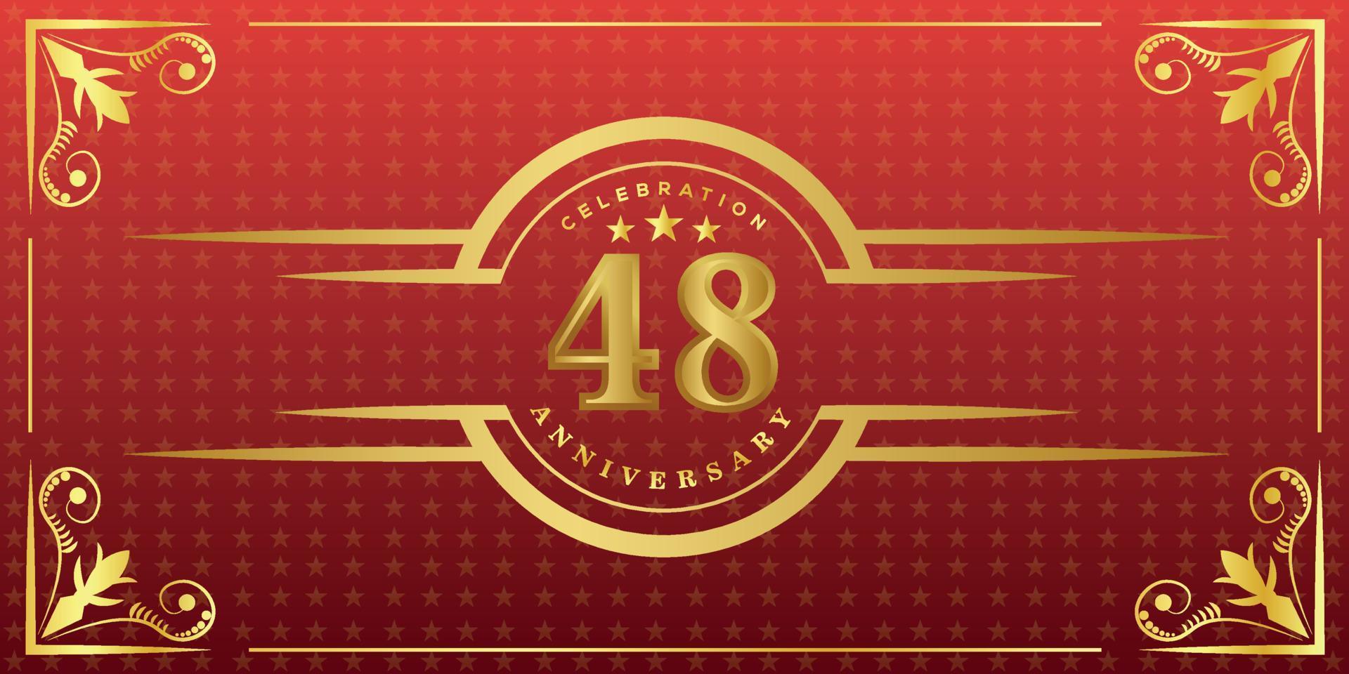 logotipo do 48º aniversário com anel de ouro, confete e borda de ouro isolada em fundo vermelho elegante, brilho, design vetorial para cartão de felicitações e cartão de convite vetor
