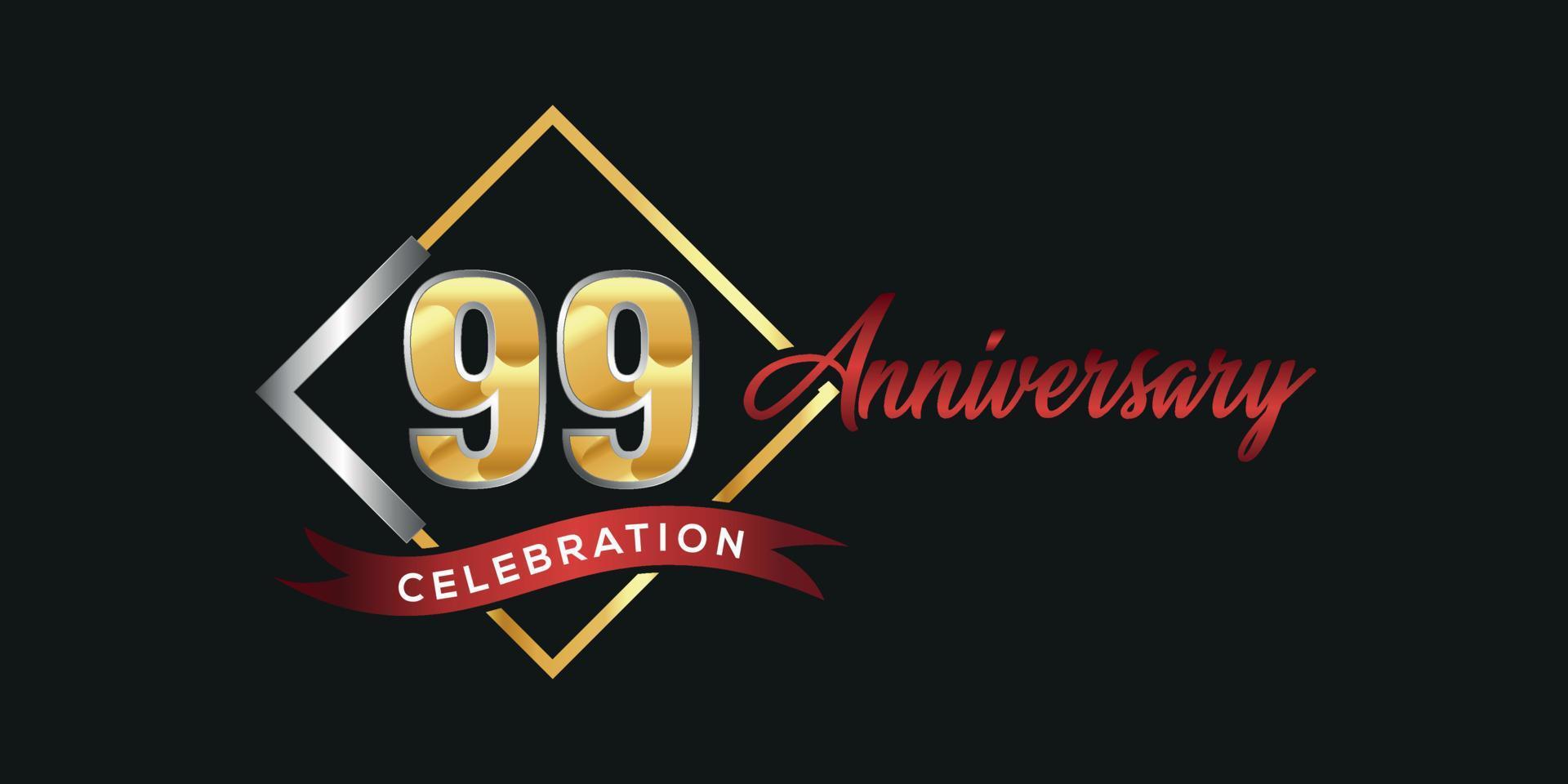 logotipo do 99º aniversário com caixa dourada e prateada, confete e fita vermelha isolada em fundo preto elegante, design vetorial para cartão de felicitações e cartão de convite vetor