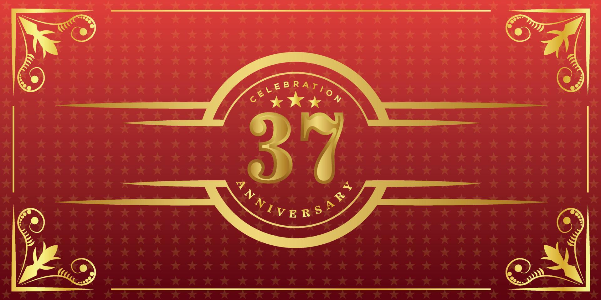 logotipo do 37º aniversário com anel de ouro, confete e borda de ouro isolada em fundo vermelho elegante, brilho, design vetorial para cartão de felicitações e cartão de convite vetor