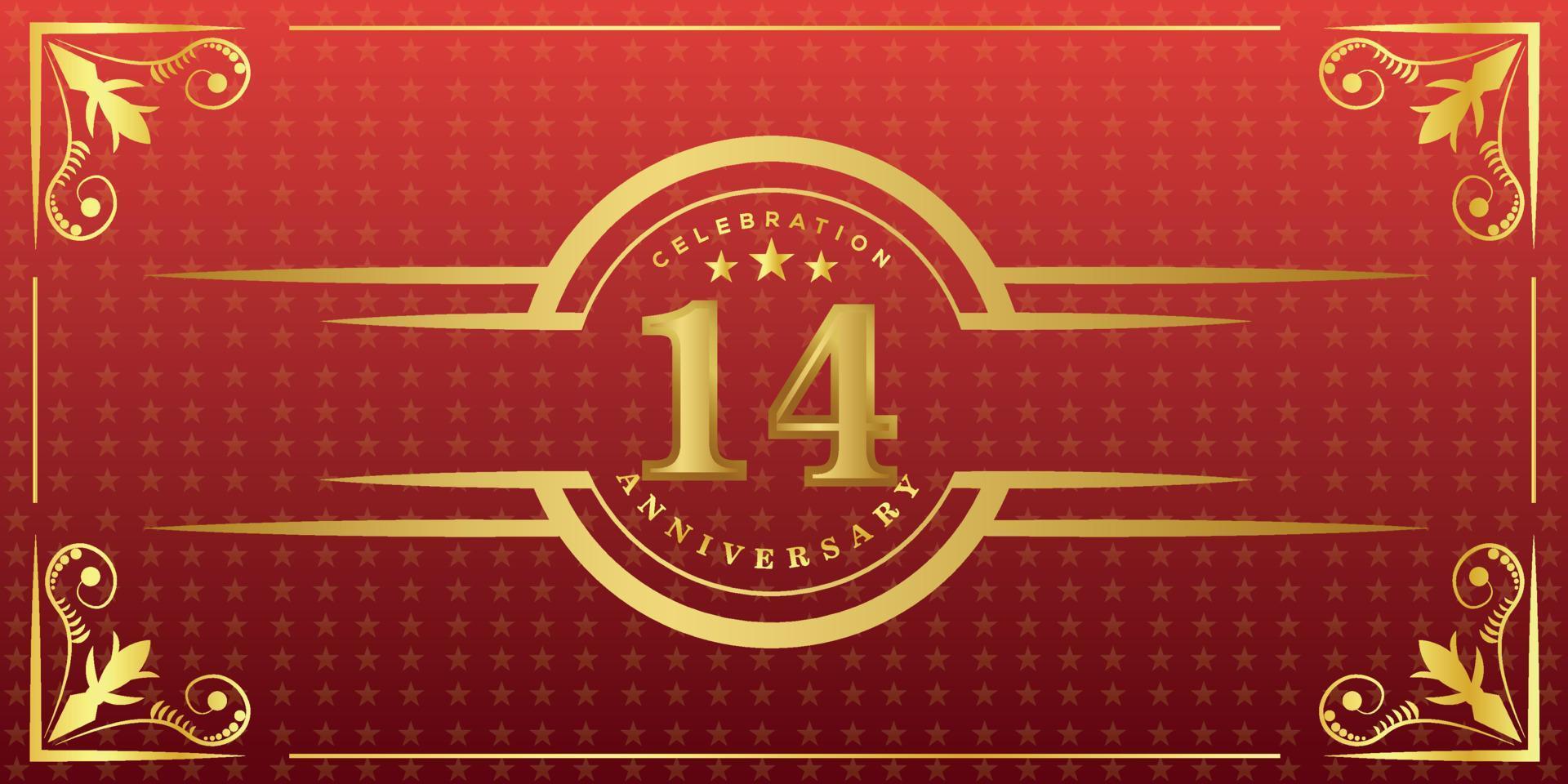 logotipo do 14º aniversário com anel de ouro, confete e borda de ouro isolada em fundo vermelho elegante, brilho, design vetorial para cartão de felicitações e cartão de convite vetor