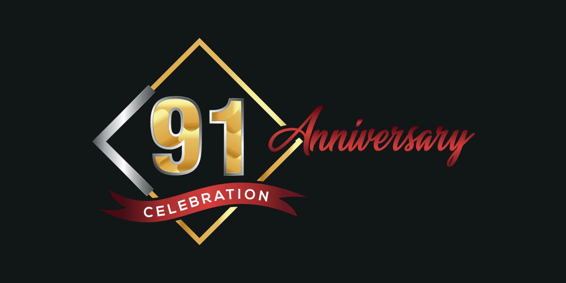 logotipo do 91º aniversário com caixa dourada e prateada, confete e fita vermelha isolada em fundo preto elegante, design vetorial para cartão de felicitações e cartão de convite vetor