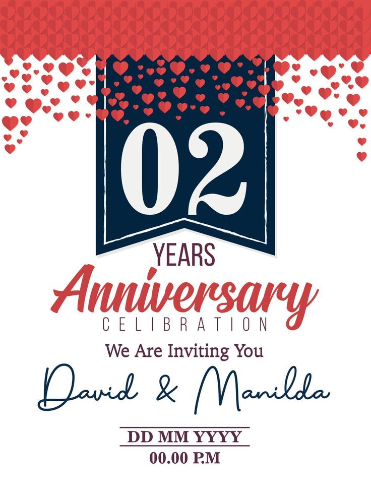 Comemoração do logotipo do aniversário de 02 anos com amor pelo evento de comemoração, aniversário, casamento, cartão de felicitações e convite vetor