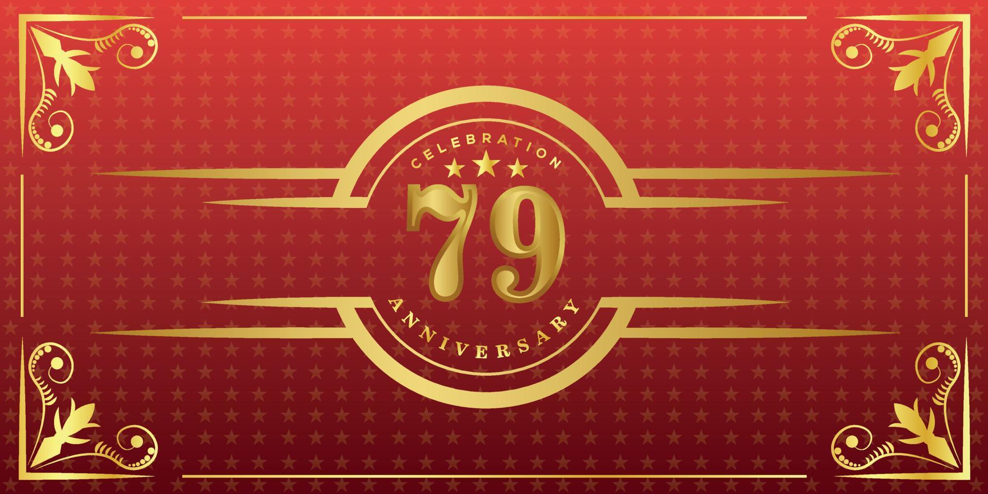 logotipo do 79º aniversário com anel de ouro, confete e borda de ouro isolada em fundo vermelho elegante, brilho, design vetorial para cartão de felicitações e cartão de convite vetor