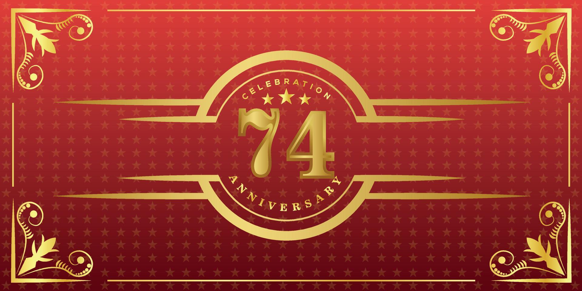 logotipo do 74º aniversário com anel de ouro, confete e borda de ouro isolada em fundo vermelho elegante, brilho, design vetorial para cartão de felicitações e cartão de convite vetor