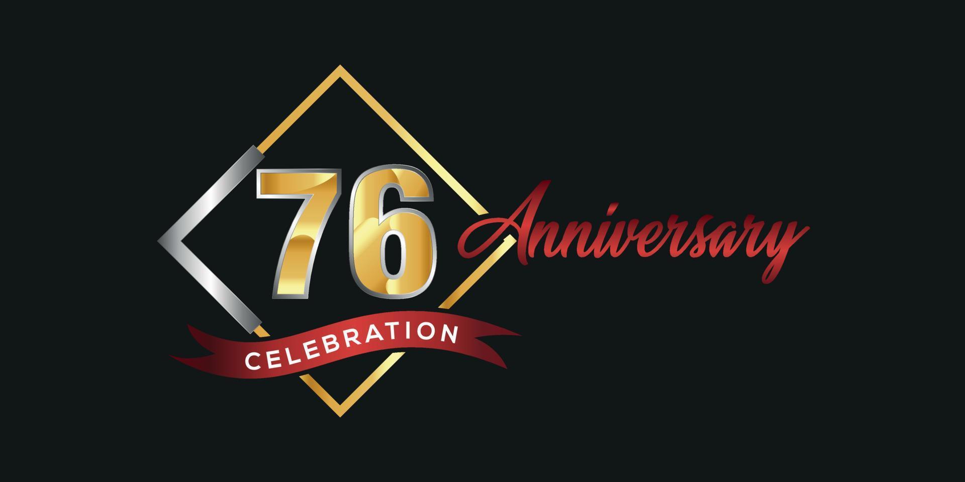 logotipo do 76º aniversário com caixa dourada e prateada, confete e fita vermelha isolada em fundo preto elegante, design vetorial para cartão de felicitações e cartão de convite vetor