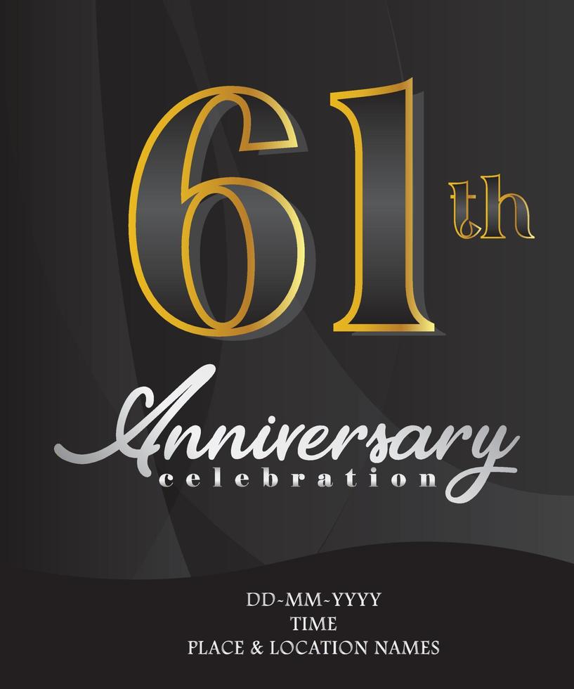 61 design de convite e cartão de aniversário, dourado e prateado, design elegante, isolado em fundo preto. ilustração vetorial. vetor
