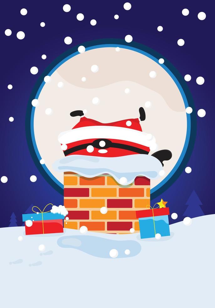 personagem de vetor de papai noel e saudação de feliz natal. papai noel está entrando na chaminé em um dia de neve.