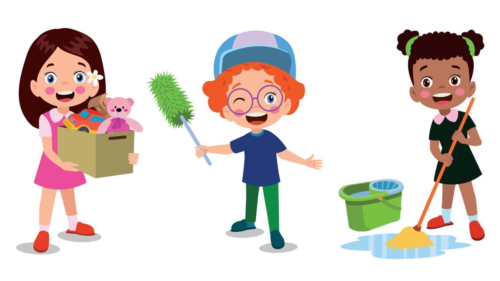 crianças de desenhos animados vetoriais limpando em casa colocam crianças em várias posições de limpeza vetor