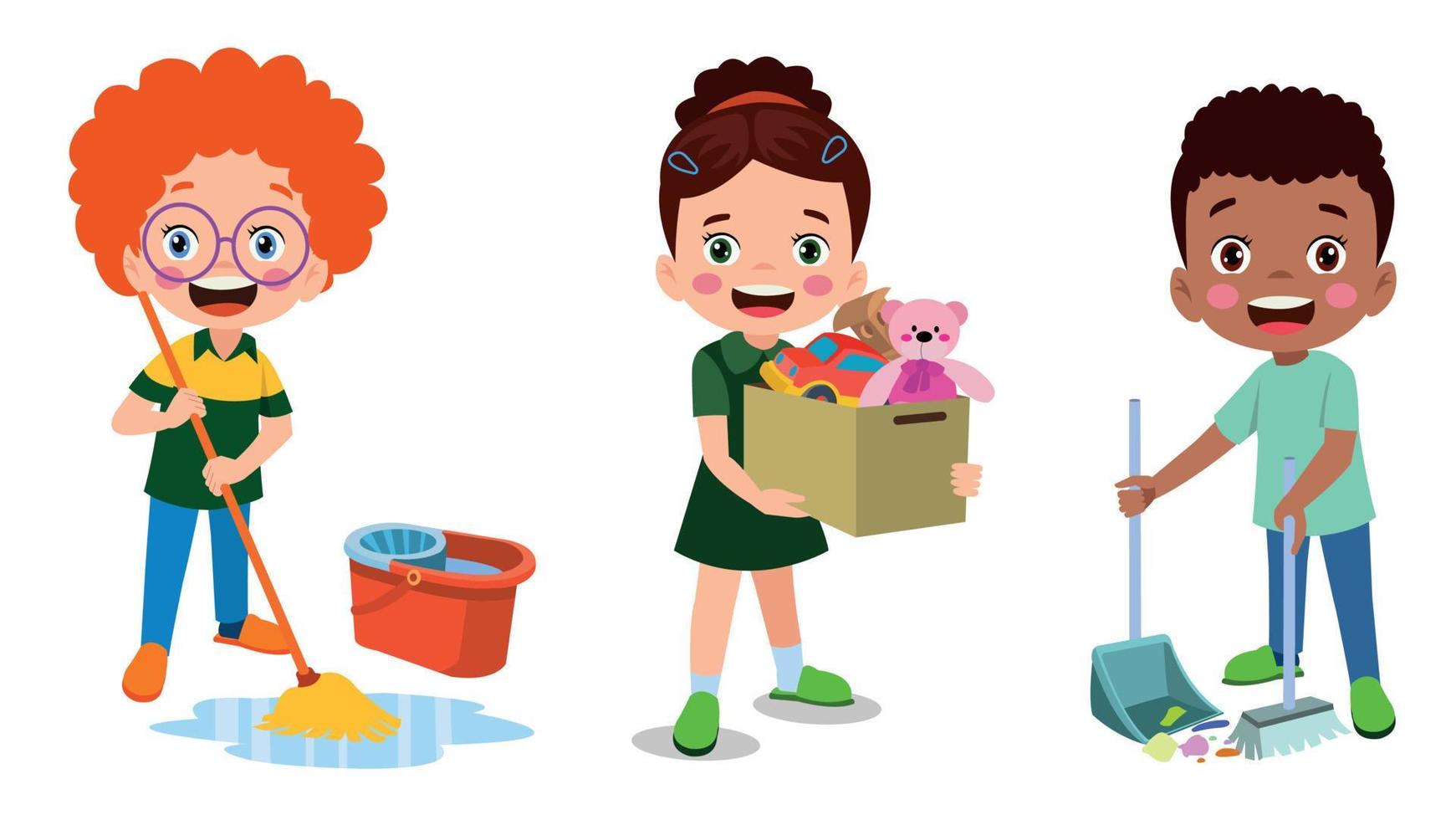 crianças de desenhos animados vetoriais limpando em casa colocam crianças em várias posições de limpeza vetor