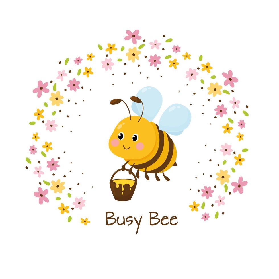abelha amigável fofa ocupada. animal de ilustração vetorial de abelha em fundo branco no estilo cartoon. vetor