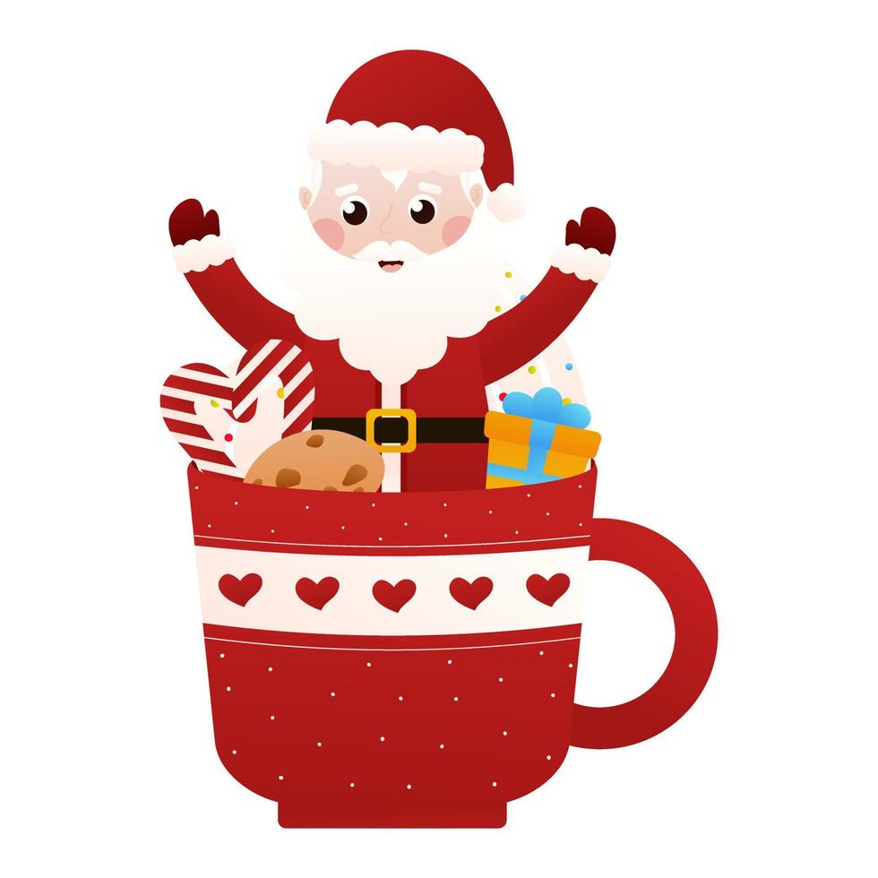 Papai Noel personagem sentado na xícara vermelha de cacau em estilo cartoon sobre fundo branco, clip-art para design de cartaz vetor