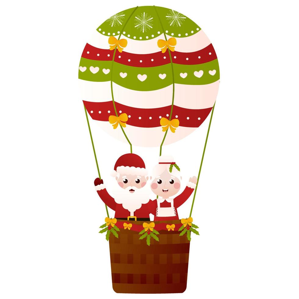 senhor e senhora papai noel voando em balão de ar quente e acenando as mãos no estilo cartoon sobre fundo branco, clip-art vetor